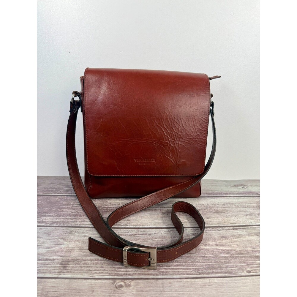 Vera Pelle Italian Genuine Leather Messenger Bag Crossbody Brown Made in Italy - Picture 1 of 17